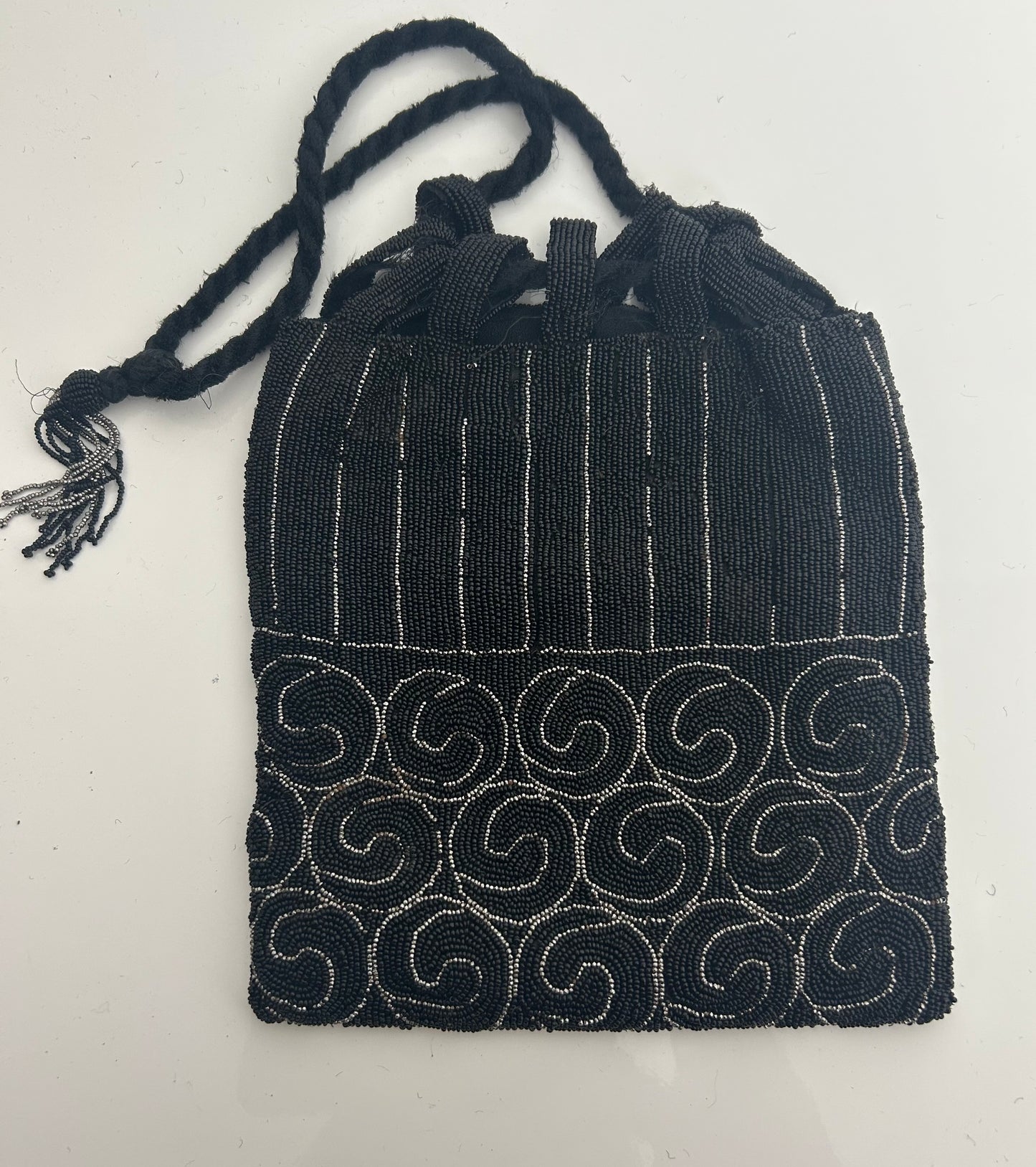 Vintage Circa 1920s Black & Silver Micro Beaded Swirl Pattern Pouch Style Flapper Bag