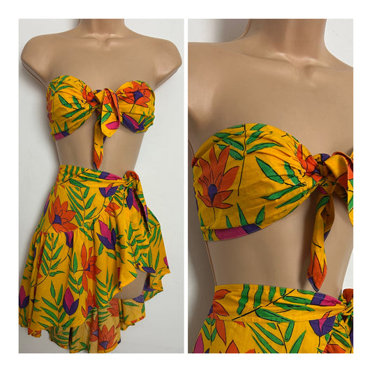Vintage 1980s RICHARDS Size 8 Cute Mustard Yellow Orange & Pink Floral Print Two Piece Summer Sarong Beach Co-Ord
