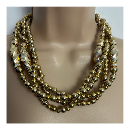 Vintage Chunky Four Strand Gold Bead Statement Necklace