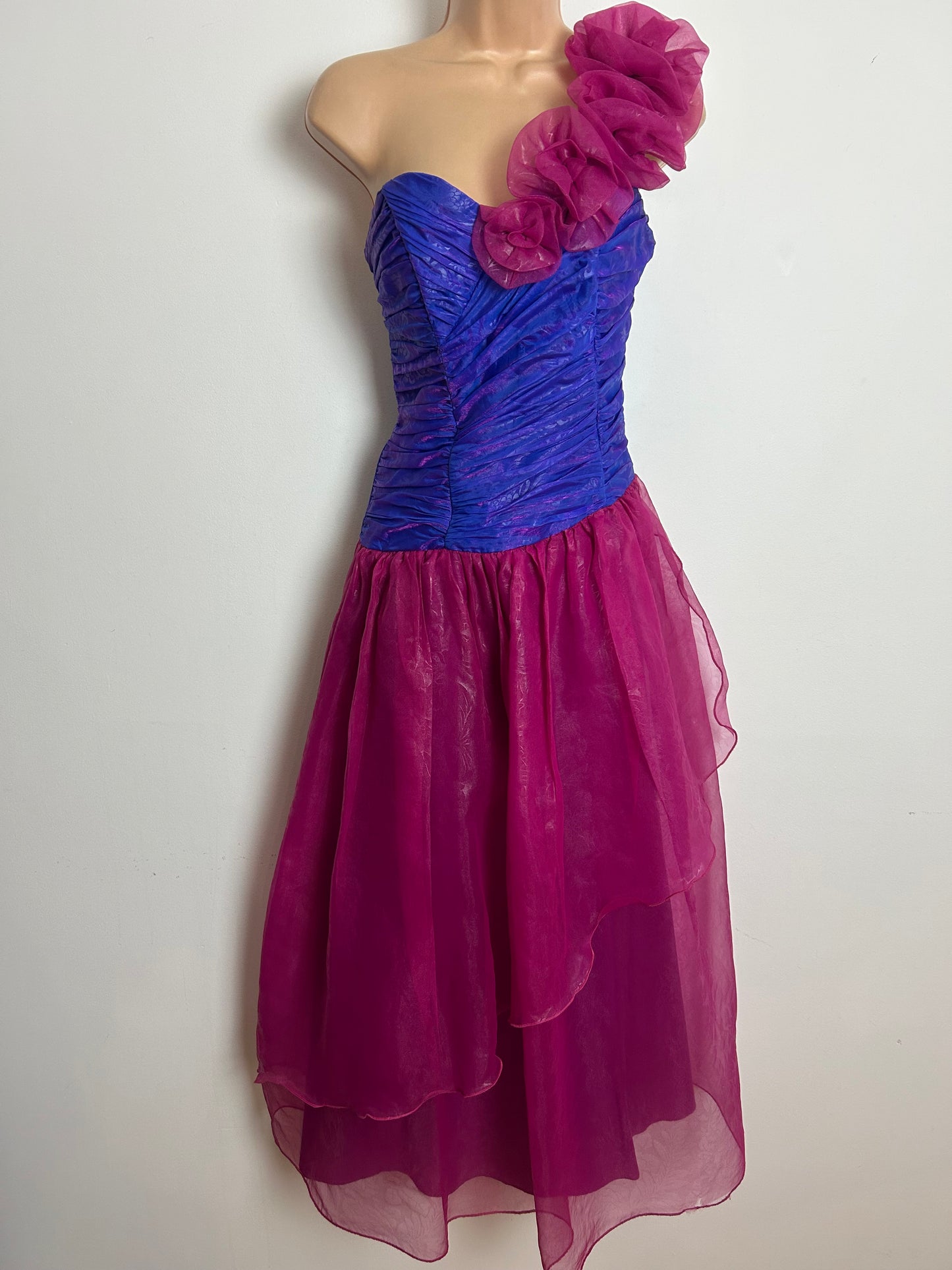 Vintage Extreme 1980s JAHN & PILL Size 10 Pink & Purple One Shoulder Party Prom Occasion Maxi Dress