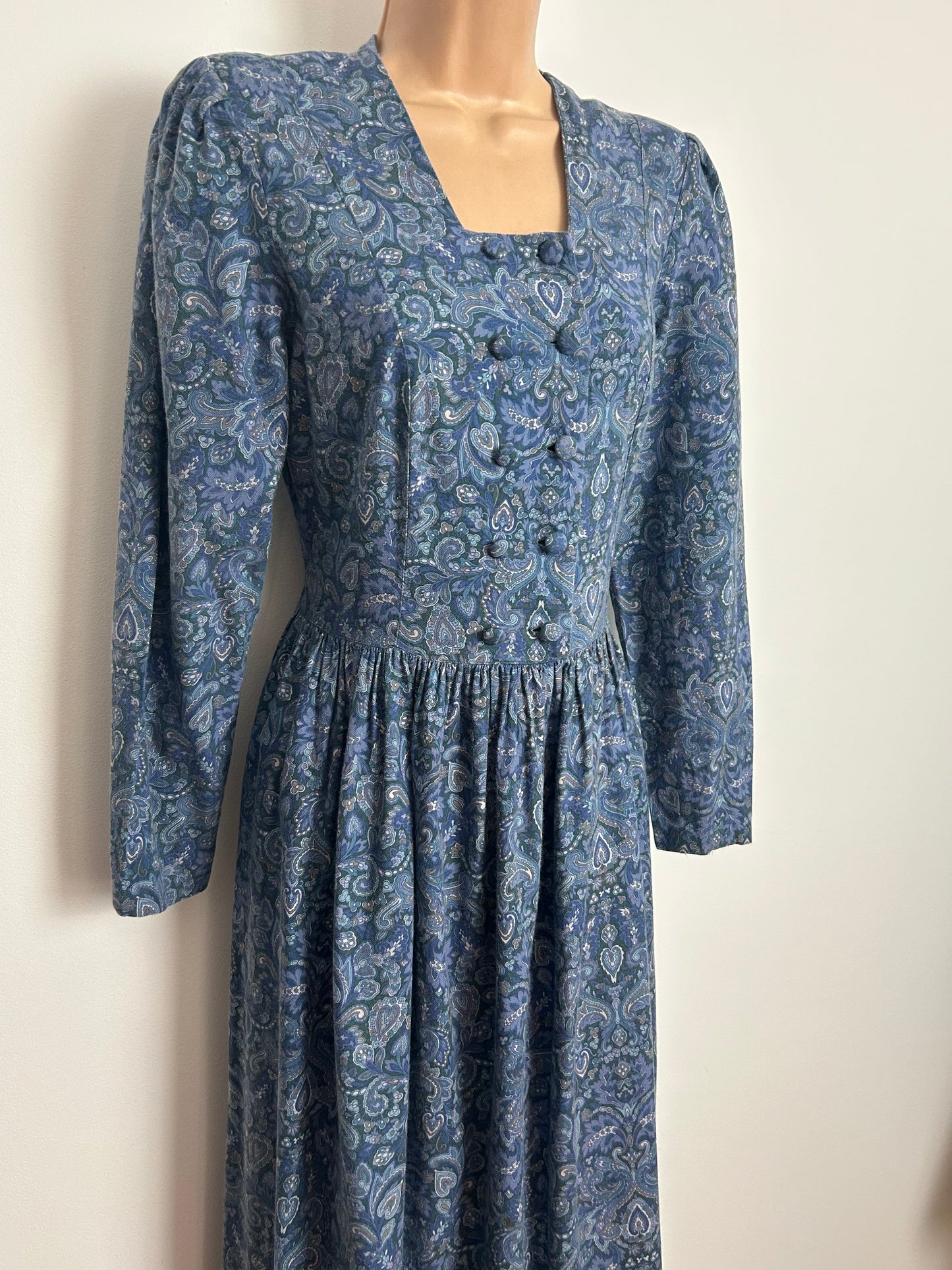 Vintage 1980s LAURA ASHLEY Size 10 (Size 12 On Label) Blue Tones Nouveau Print Wool Mix Long Sleeve Midi Dress