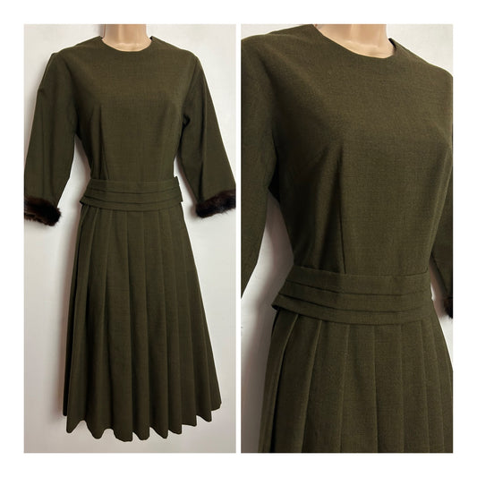 Vintage 1950s UK Size 8 Khaki Green Wool Mix Fur Cuff Pleated Dress