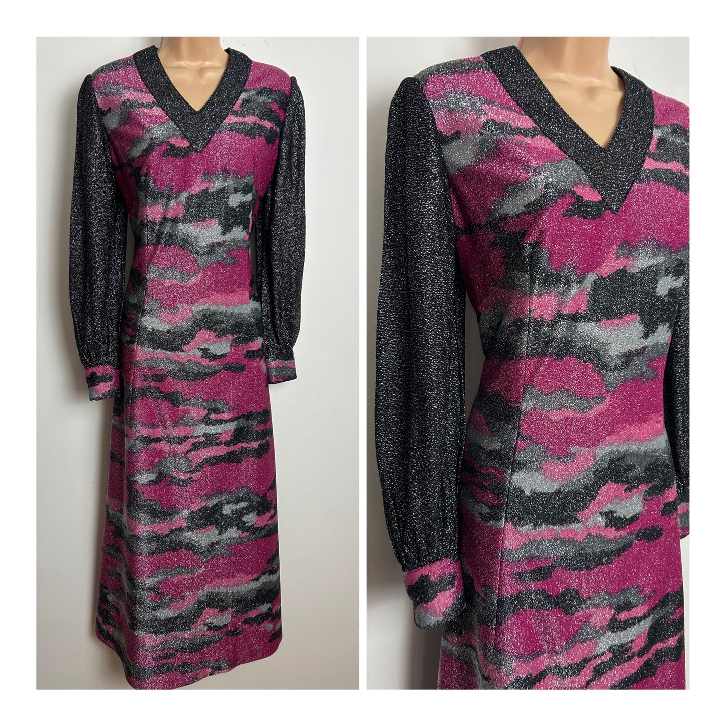 Vintage 1970s Size 14 Grey Silver & Pink Tones Abstract Print Lurex Long Sleeve Occasion Maxi Dress