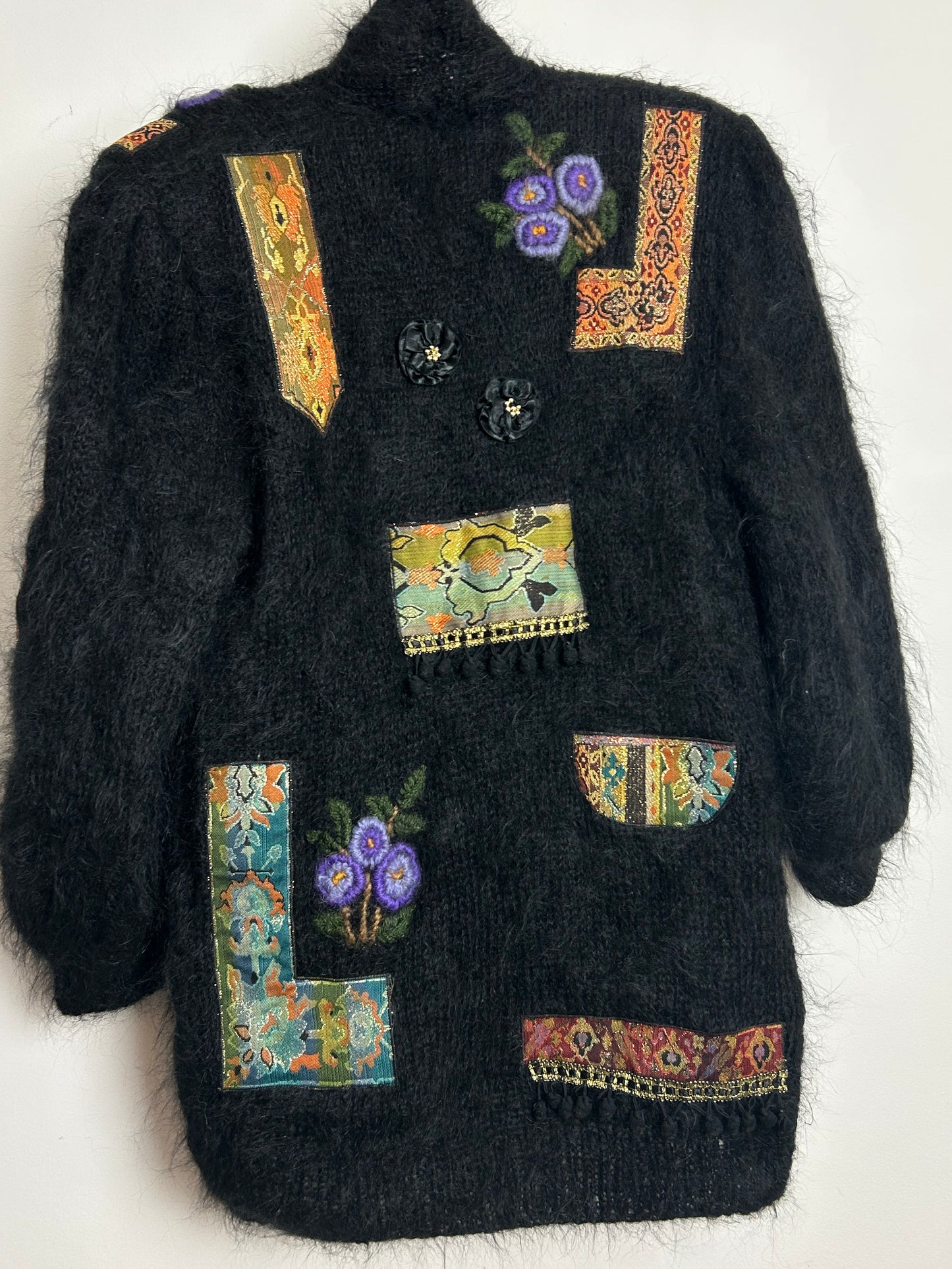 Vintage 1980s Up To Size 18 Black Wool Applique Detail Fully Lined Handmade Open Fronted Cardigan Coatigan