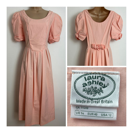 Vintage 1980s LAURA ASHLEY Size 10 (Size 14 On Label) Pale Peach Bustle Back Ballgown Midi Dress