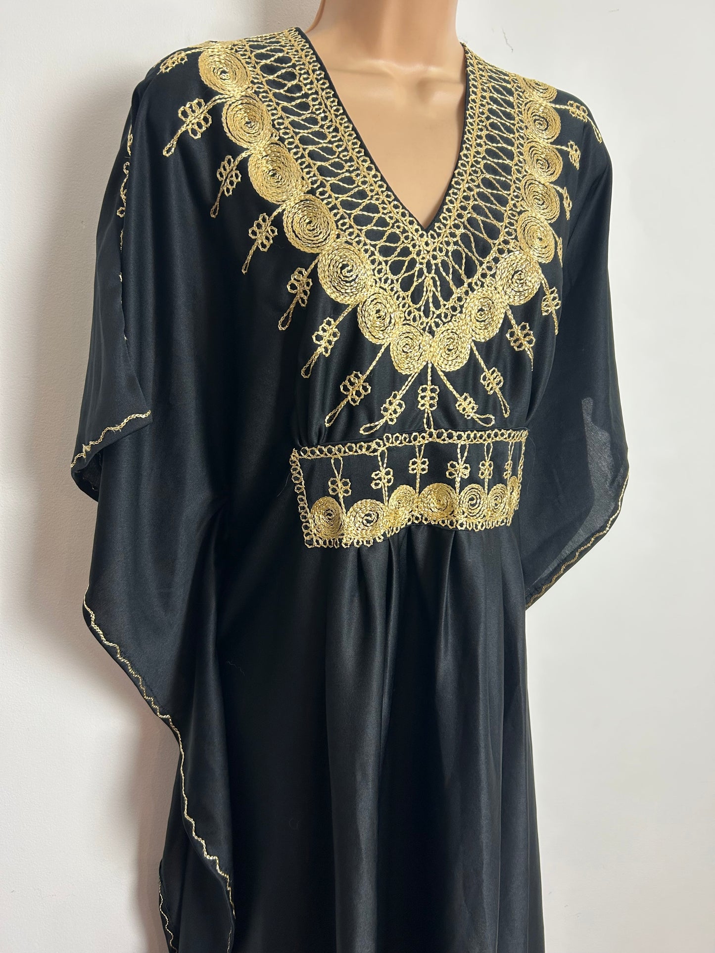 Vintage 1980s Up To Size 18 Black & Gold Embroidered Detail Maxi Length Kaftan