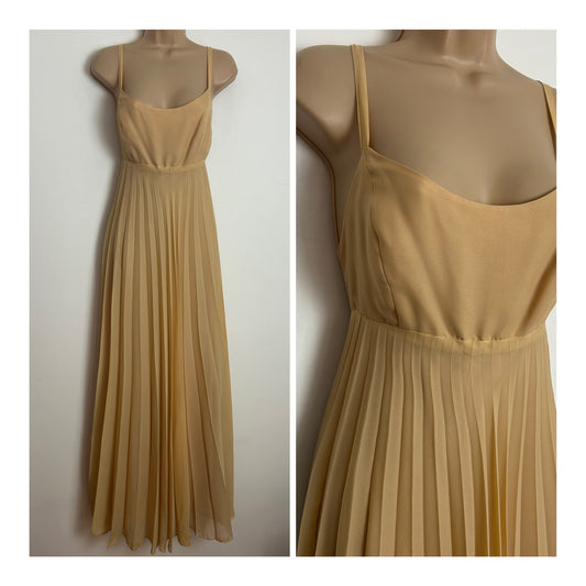 Vintage 1970s ARLETTE BERESSI Size 8 Nude Beige Strappy Pleated Empire Line Occasion Maxi Dress