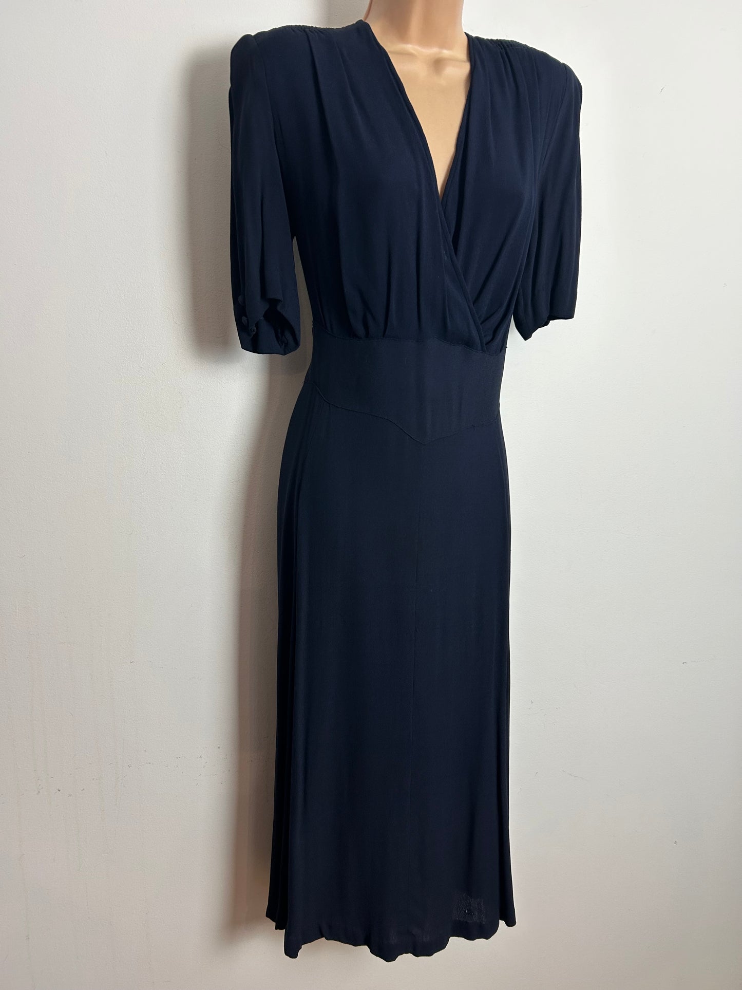 Vintage 1940s Size 12 Navy Blue Rayon Wartime WW2 Era Landgirls Rayon Tea Dress