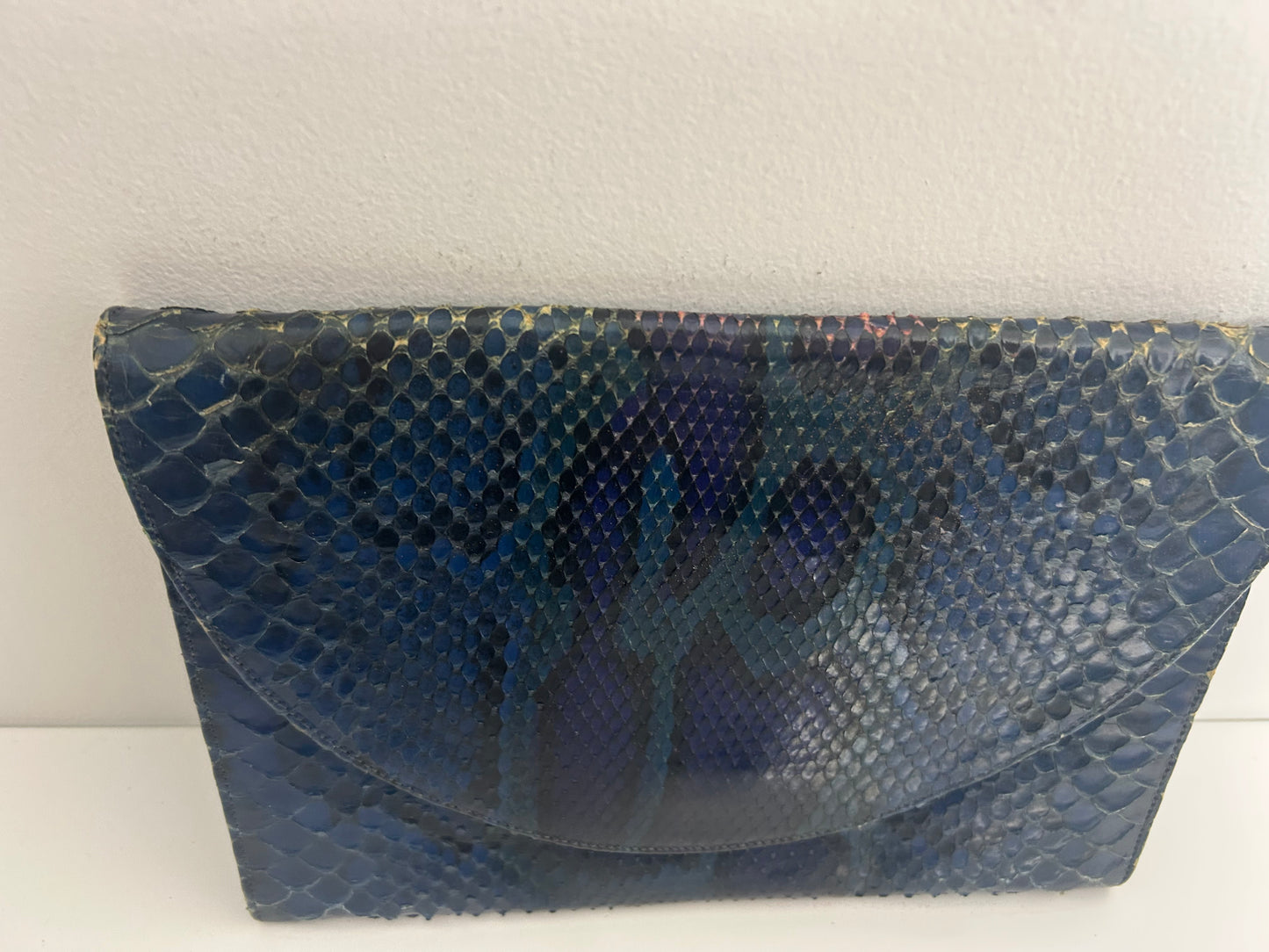 Vintage 1980s Dark Blue Tones Snake Skin Leather Clutch Or Shoulder Bag