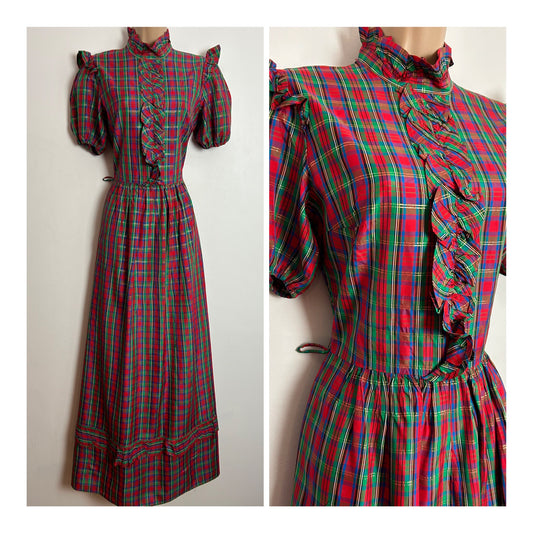 Vintage 1970s UK Size 8 Red Green Blue & Gold Tartan Check Short Sleeve Ruffle Trim Christmas  Prairie Maxi Dress