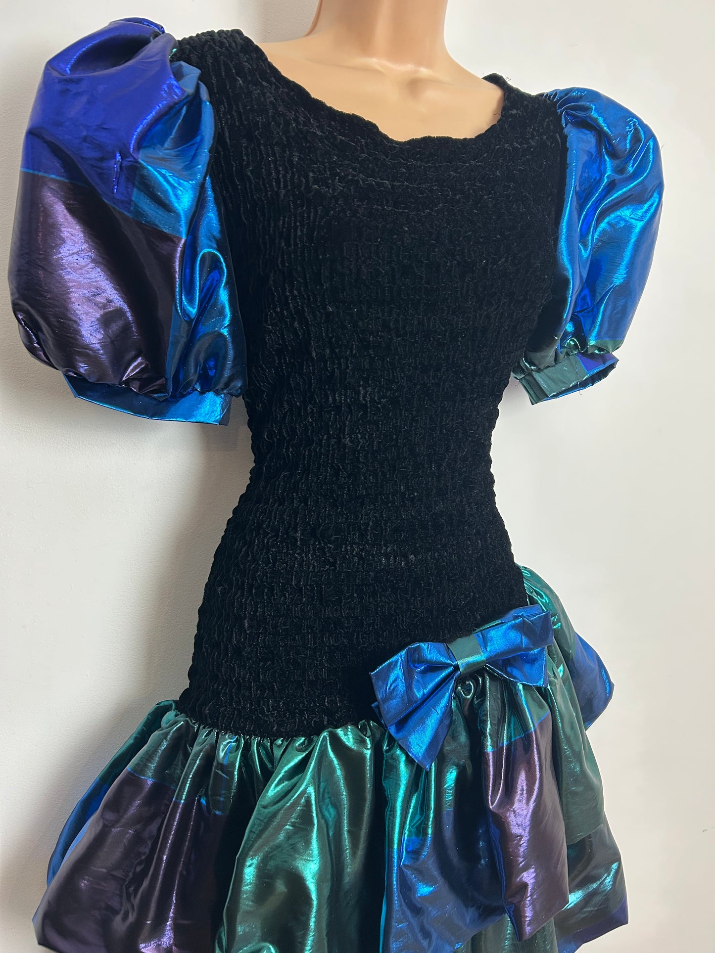 Vintage 1980s CHOU CHOU Size 10-12 Black Blue Green & Purple Velour & Taffeta Party Prom Dress