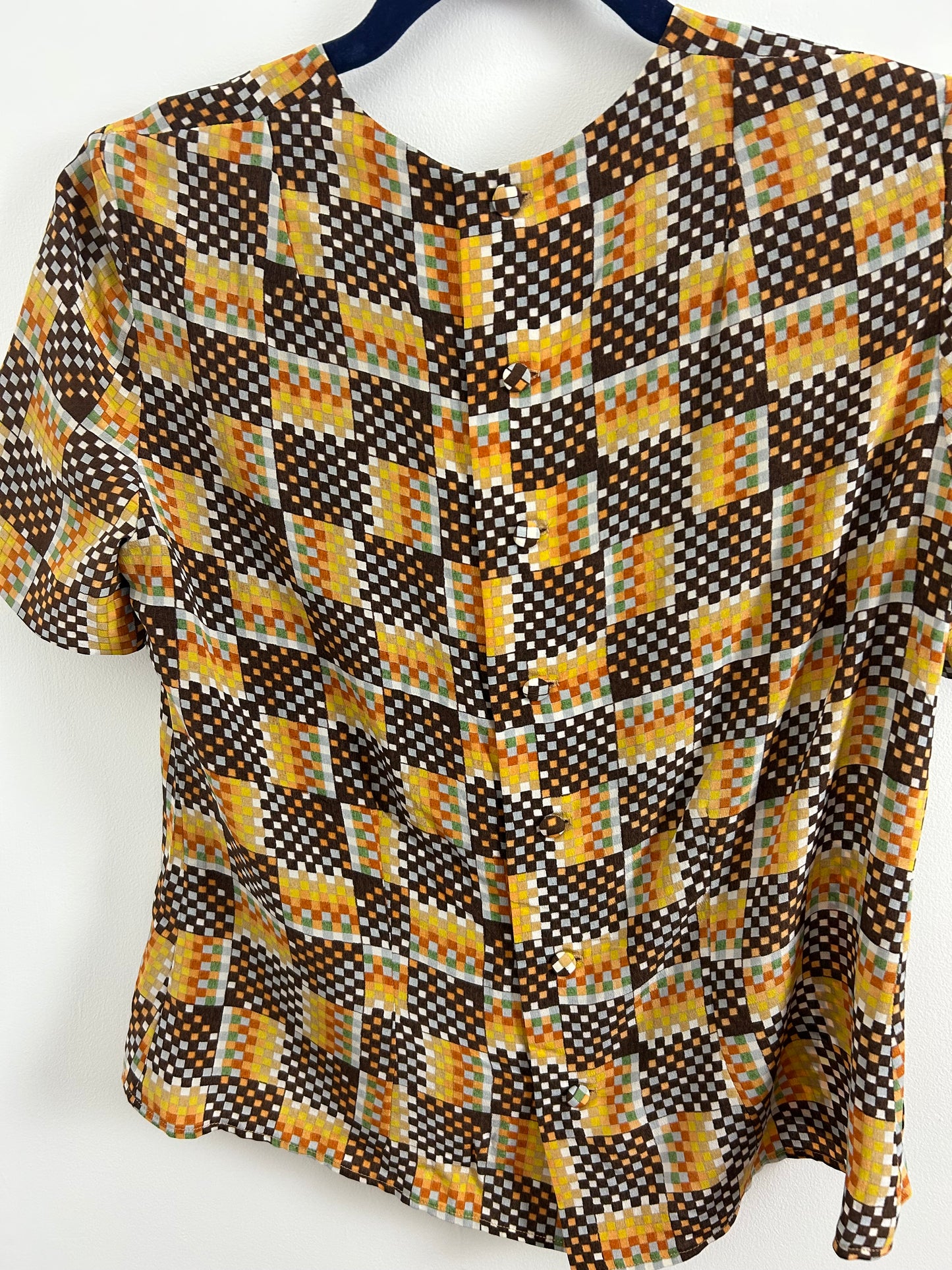 Vintage 1970s Size 10 Brown Mustard Rust Mix Square Grid Print Silk Button Back Blouse/Top