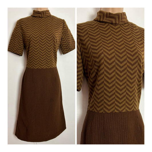 Vintage 1960s SHUBETTE OF LONDON UK Size 8 Brown Tones Wool Mix Zig Zag Stripe Mod Dress