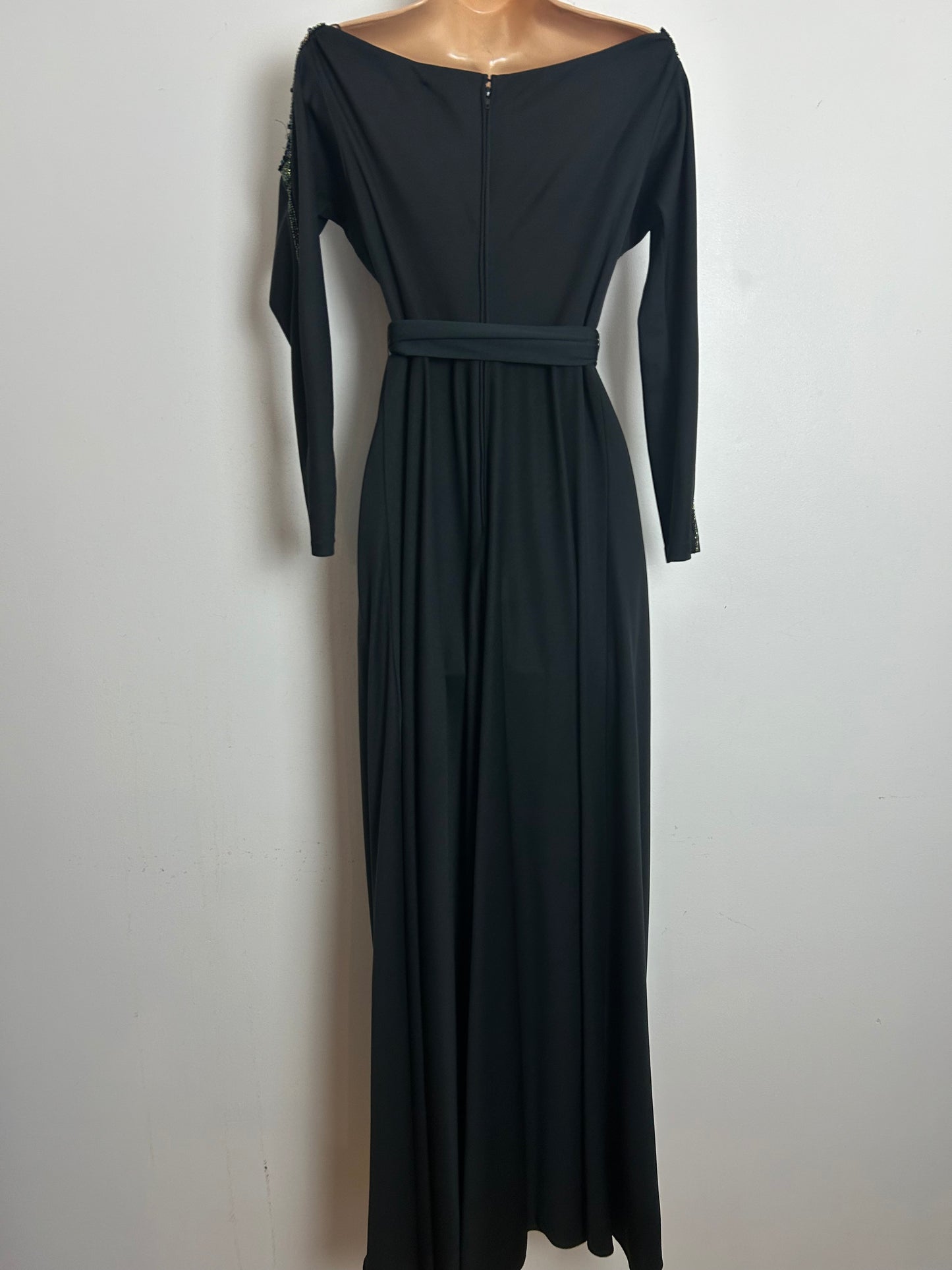 Vintage 1970s FRANK USHER Size 10 Black Bead & Sequin Detail Long Sleeve Belted Evening Maxi Dress