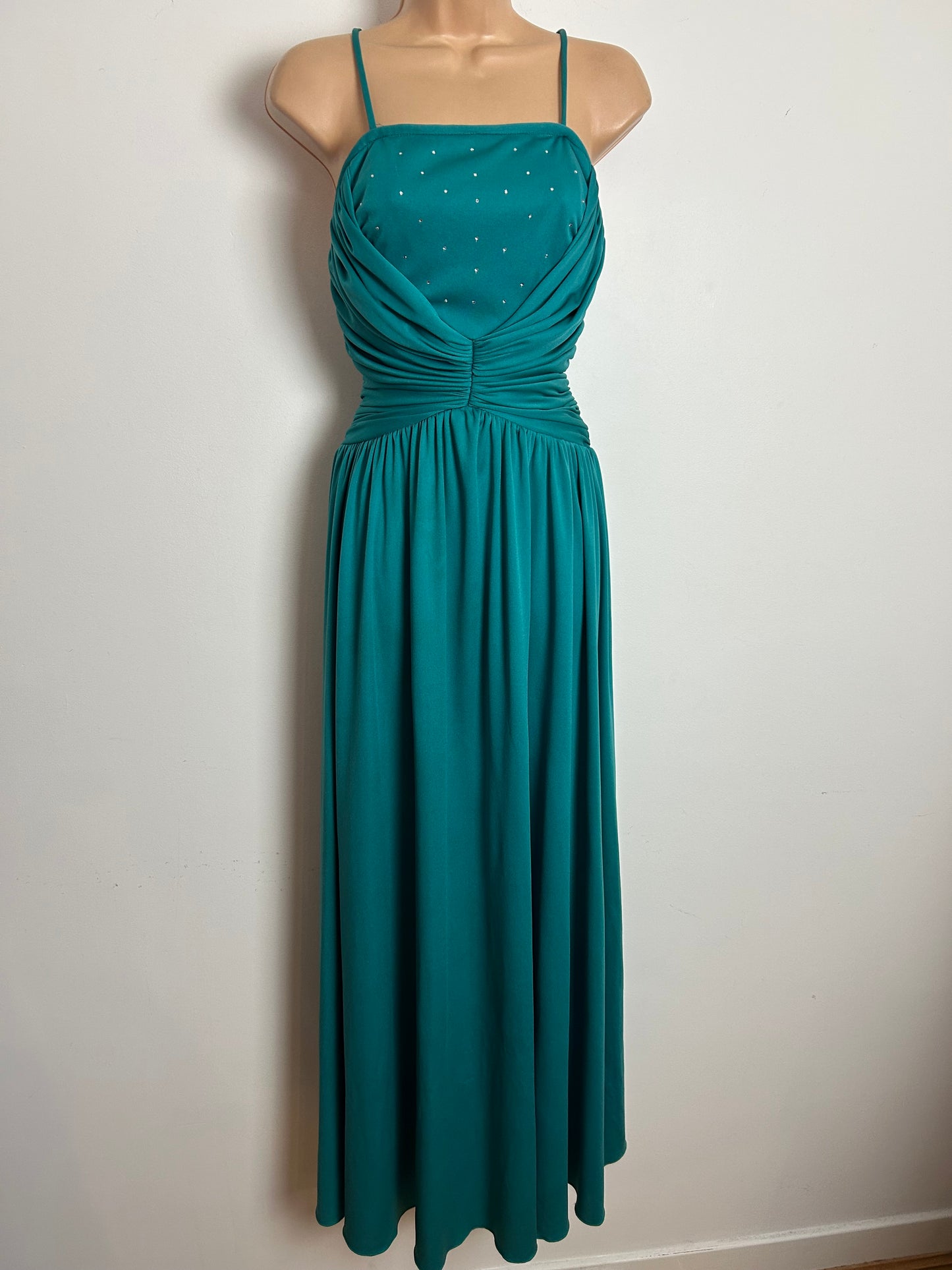 Vintage 1970s Size 6 Jade Green Strappy Diamante Detail Ruched Bodice Evening Party Maxi Dress