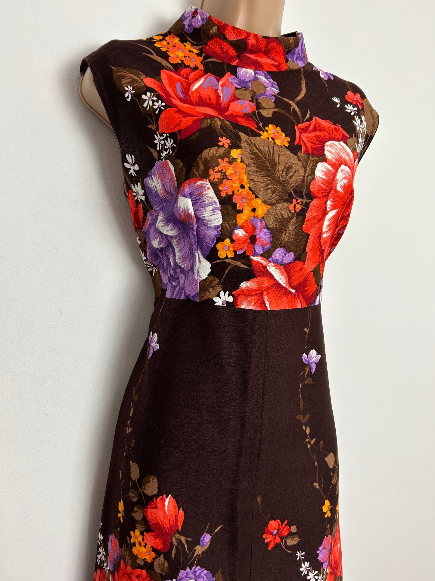 Vintage 1970s UK Size 12 Brown Orange Dark Red & Purple Floral Print Sleeveless Boho Maxi Dress