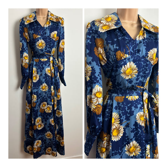 Vintage 1970s Size 8-10 Blue Beige & Yellow Floral Print Long Sleeve Belted Maxi Dress