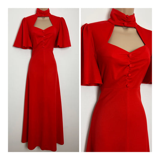 Vintage 1970s Size 8 Red High Neck Key Hole Cut Out Short Sleeve Maxi Dress