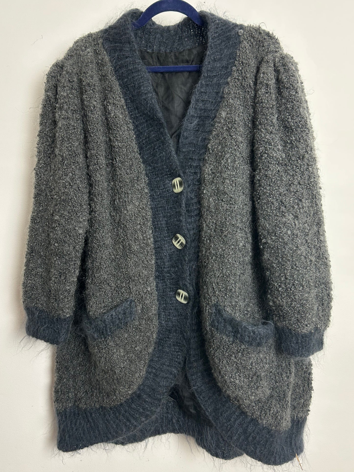 Vintage 1980s Size XL Over Size Grey Boucle Mohair Mix Fully Lined Cardigan Coatigan