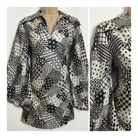 Vintage 1960s Size 8 Brown & Cream Floral Patchwork Balloon Sleeve Micro Mini Mod Shift Dress