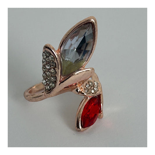 Vintage Pretty Rose Gold Base Metal Glass Stone & Diamante Floral Wrap Ring