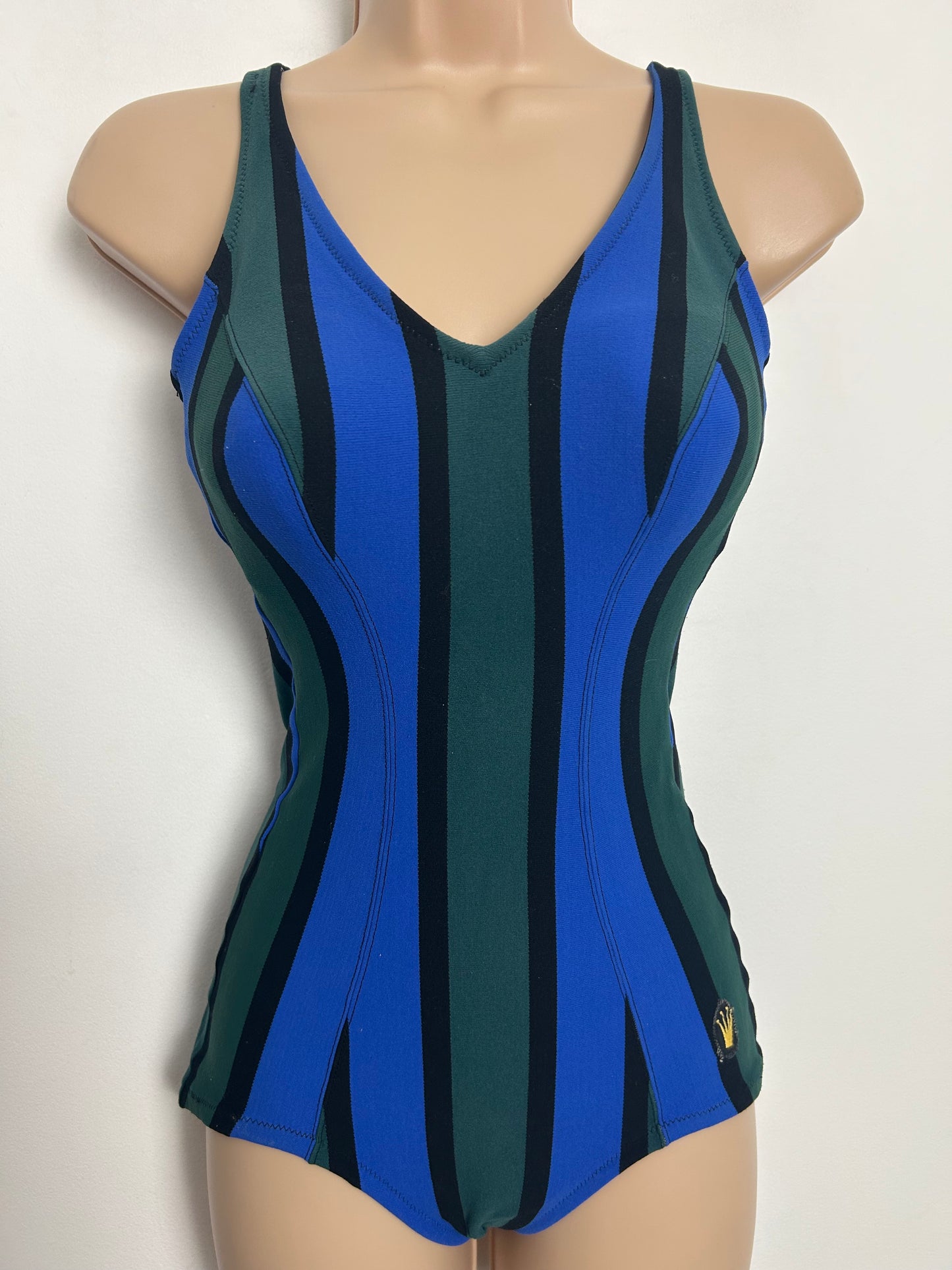Vintage 1960s TRIUMPH Size 8 Blue & Green Stripe Print Moulded Cup Swimsuit
