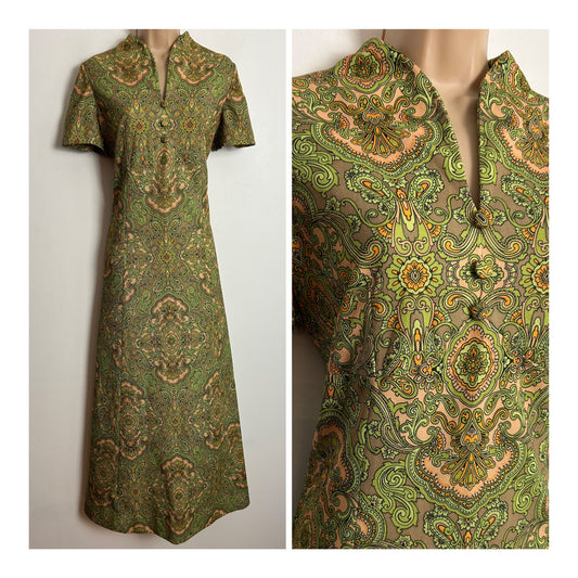 Vintage 1970s UK Size 12 Green & Pale Orange Nouveau Paisley Floral Print Short Sleeve Maxi Dress