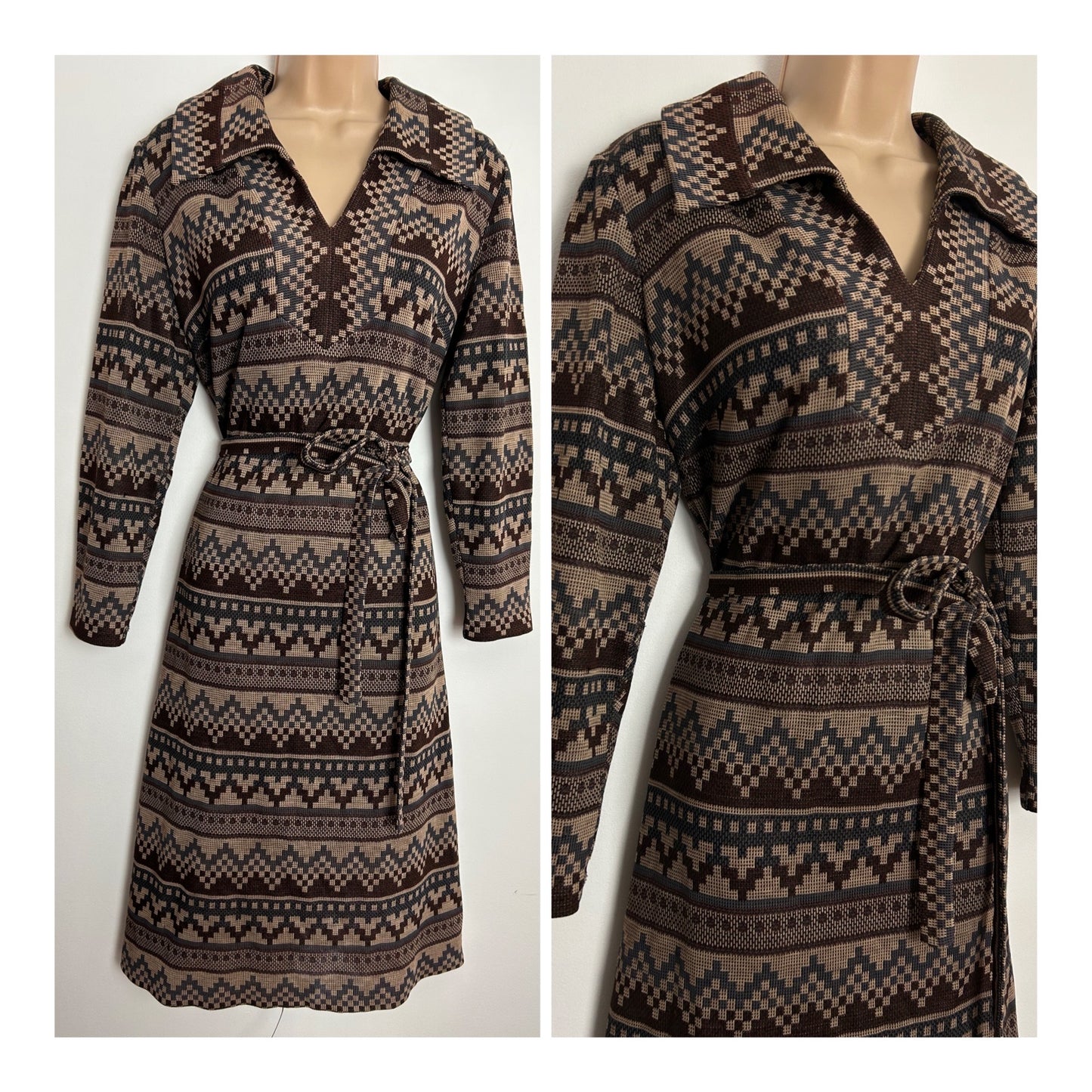 Vintage 1970s UK Size 16 Mod Brown Blue & Maroon Abstract Geo Pattern Long Sleeve Belted Dress