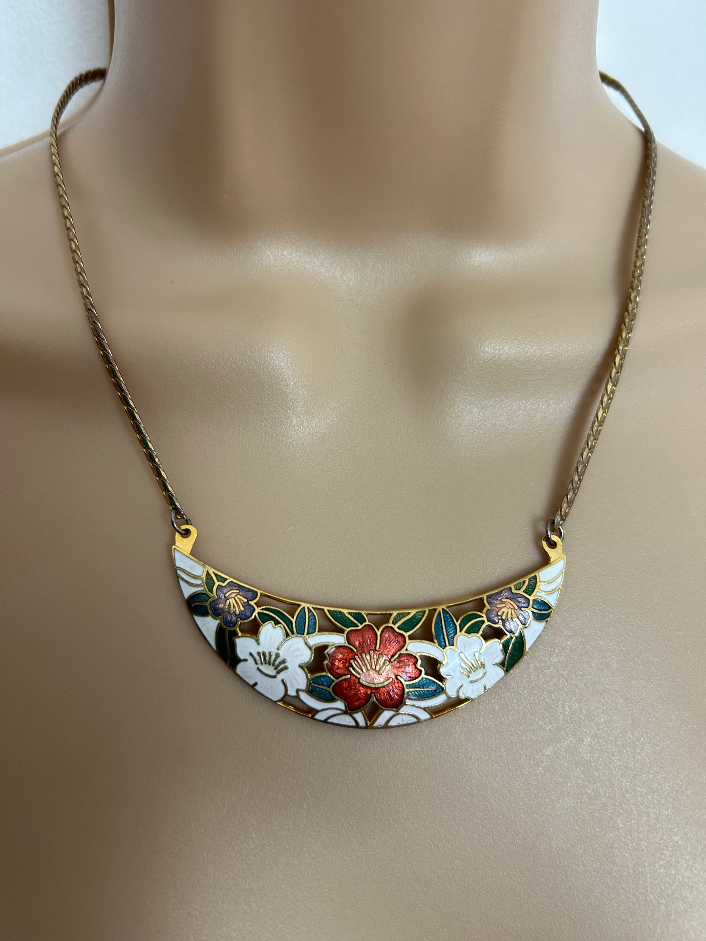 Vintage Gold Tone & Cloisonne Enamel Floral Patter Serpentine Necklace