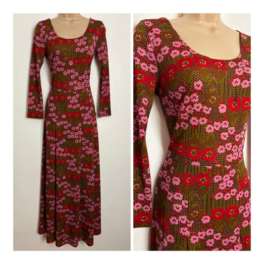 Vintage 1970s UK Size 8 Pink Khaki Green & Brown Floral Print Long Sleeve Maxi Dress