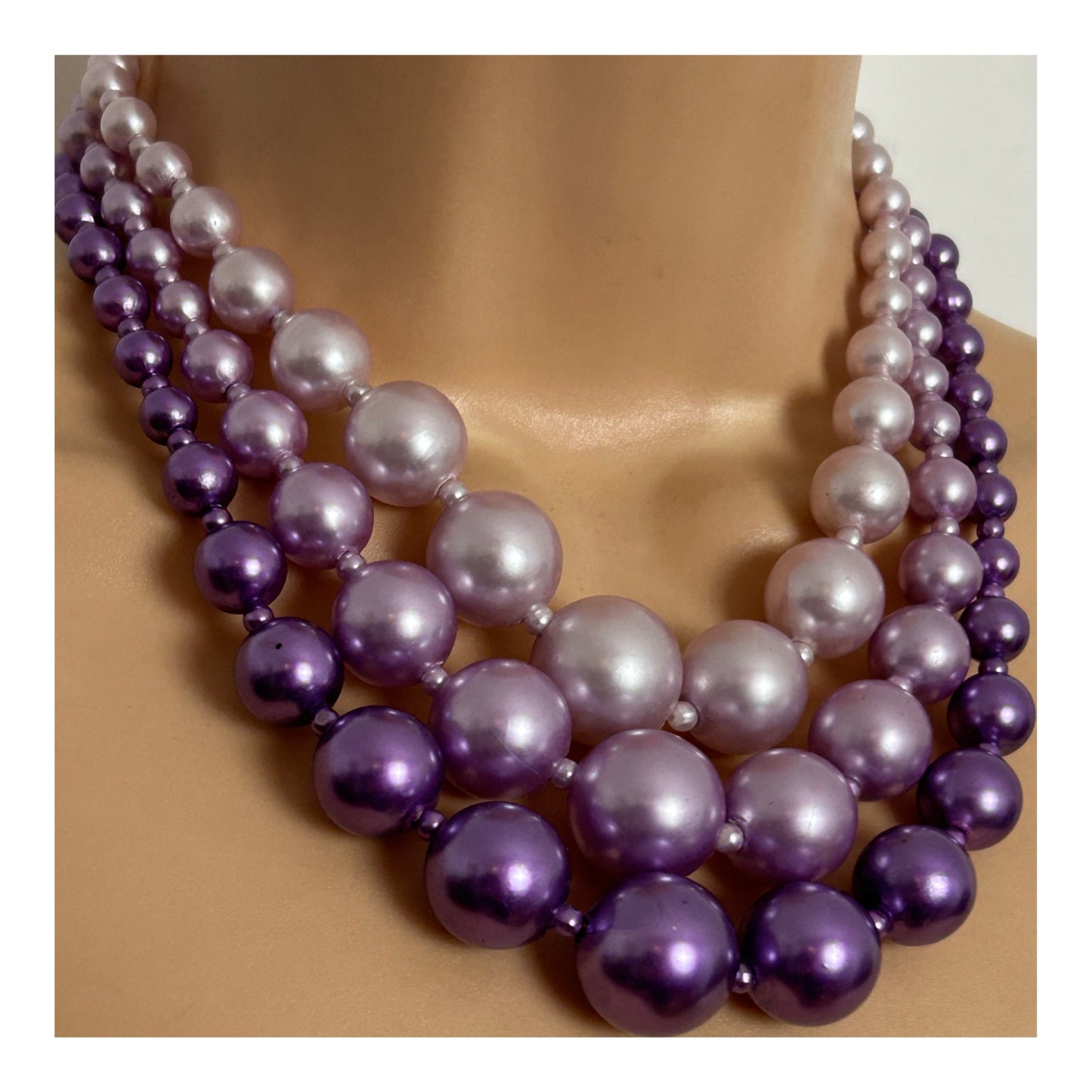 Vintage 1960s HONG KONG Stamped Pink Lilac & Purple Triple Strand Graduating Chunky Bead Choker Necklace