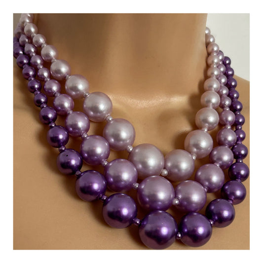 Vintage 1960s HONG KONG Stamped Pink Lilac & Purple Triple Strand Graduating Chunky Bead Choker Necklace