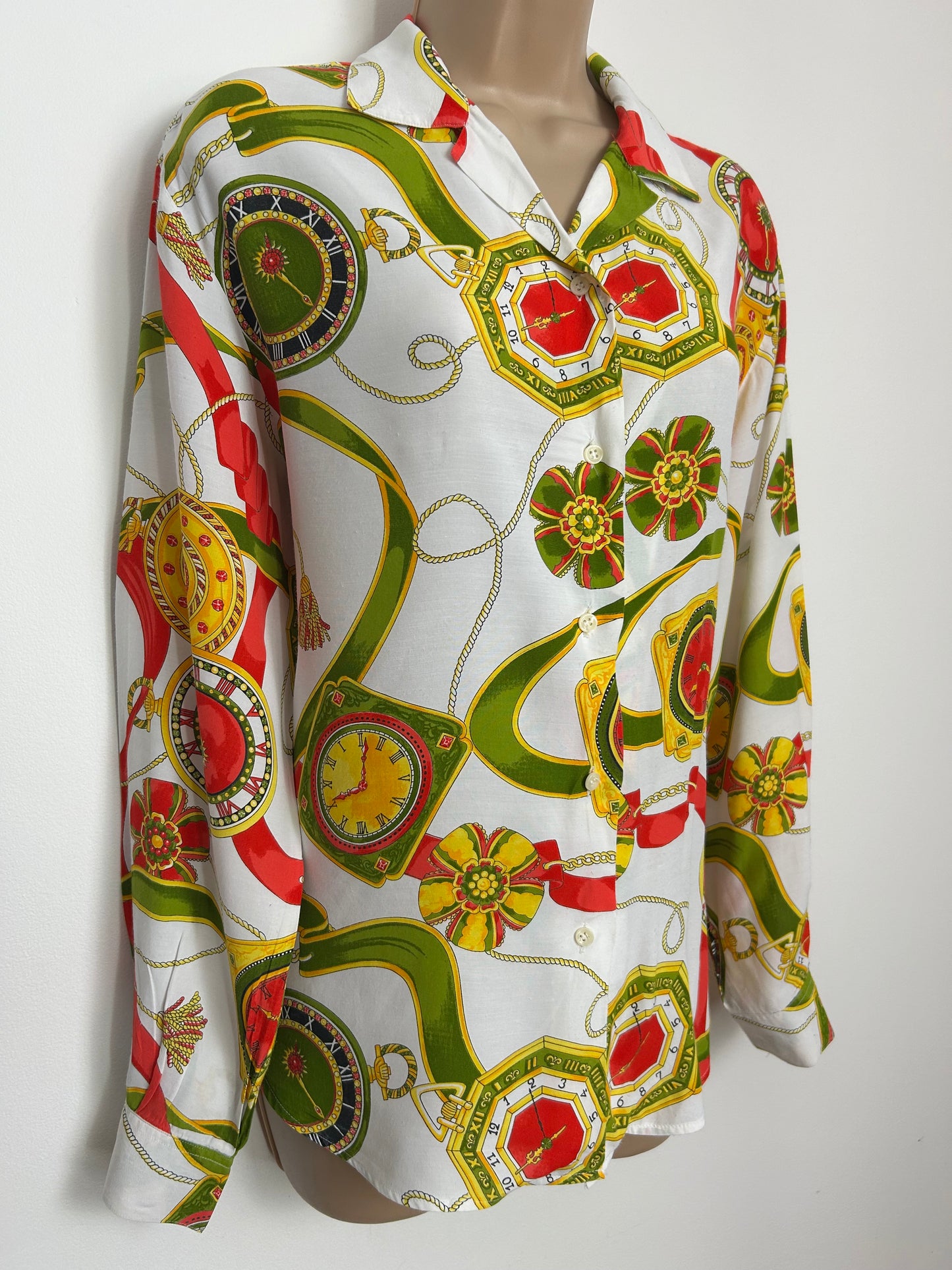Vintage 1990s Size 14-16 White Red Green & Gold Baroque Clock Print Long Sleeve Shirt