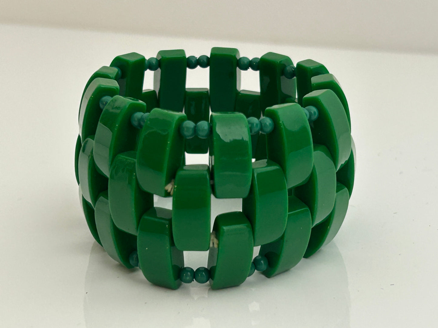 Vintage Dark Green Plastic Bead Wide Stretchy Elasticated Bracelet