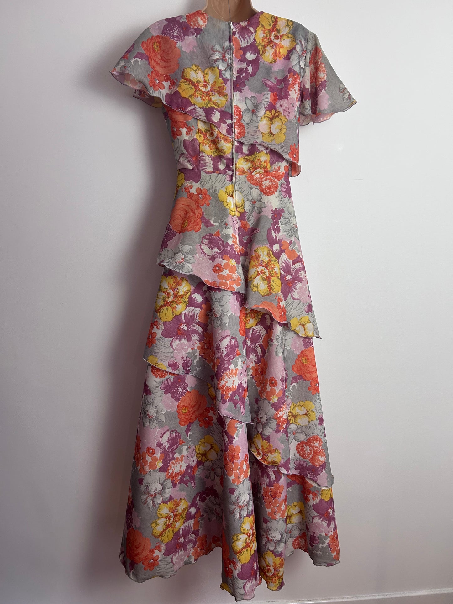 Vintage 1970s UK Size 10 Grey Orange & Plum Purple Floral Print Layered Boho Maxi Dress