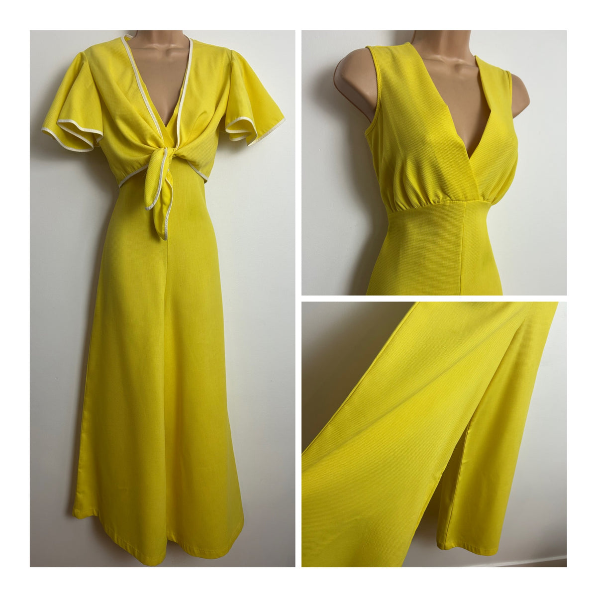 Vintage 1970s SEARS "AT HOME WEAR" Size 8 Yellow Wide Leg Palazzo Jumpsuit With Matching Crop Stye Tie Front Cover Up