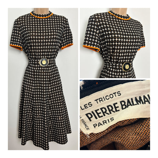 Vintage Mid 1960s PIERRE BALMAIN Size 10 Black White & Orange Atomic Print Belted Mod Designer Dress