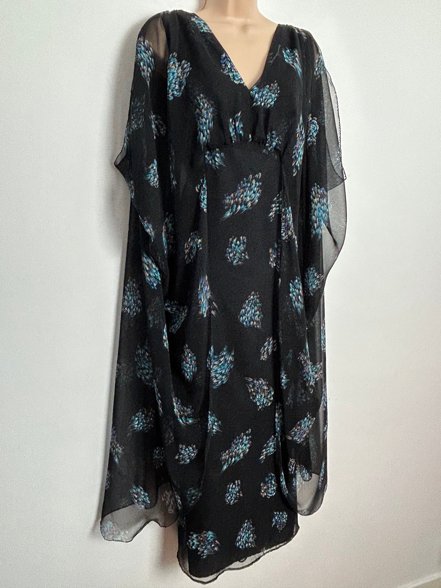 Vintage 1970s UK Size 10-12 Black Blue & Brown Abstract Feather print Cold Shoulder Cape Sleeve Boho Maxi Dress