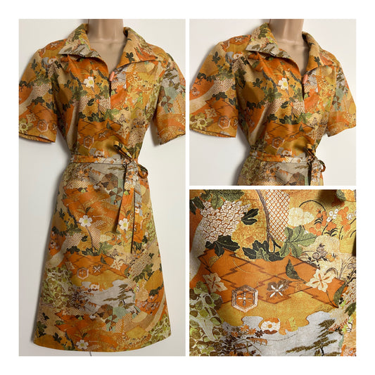 Vintage Early 1970s EASTEX UK Size 12-14 Orange Tones Japanese Inspired Print Short Sleeve Belted Mod Dress