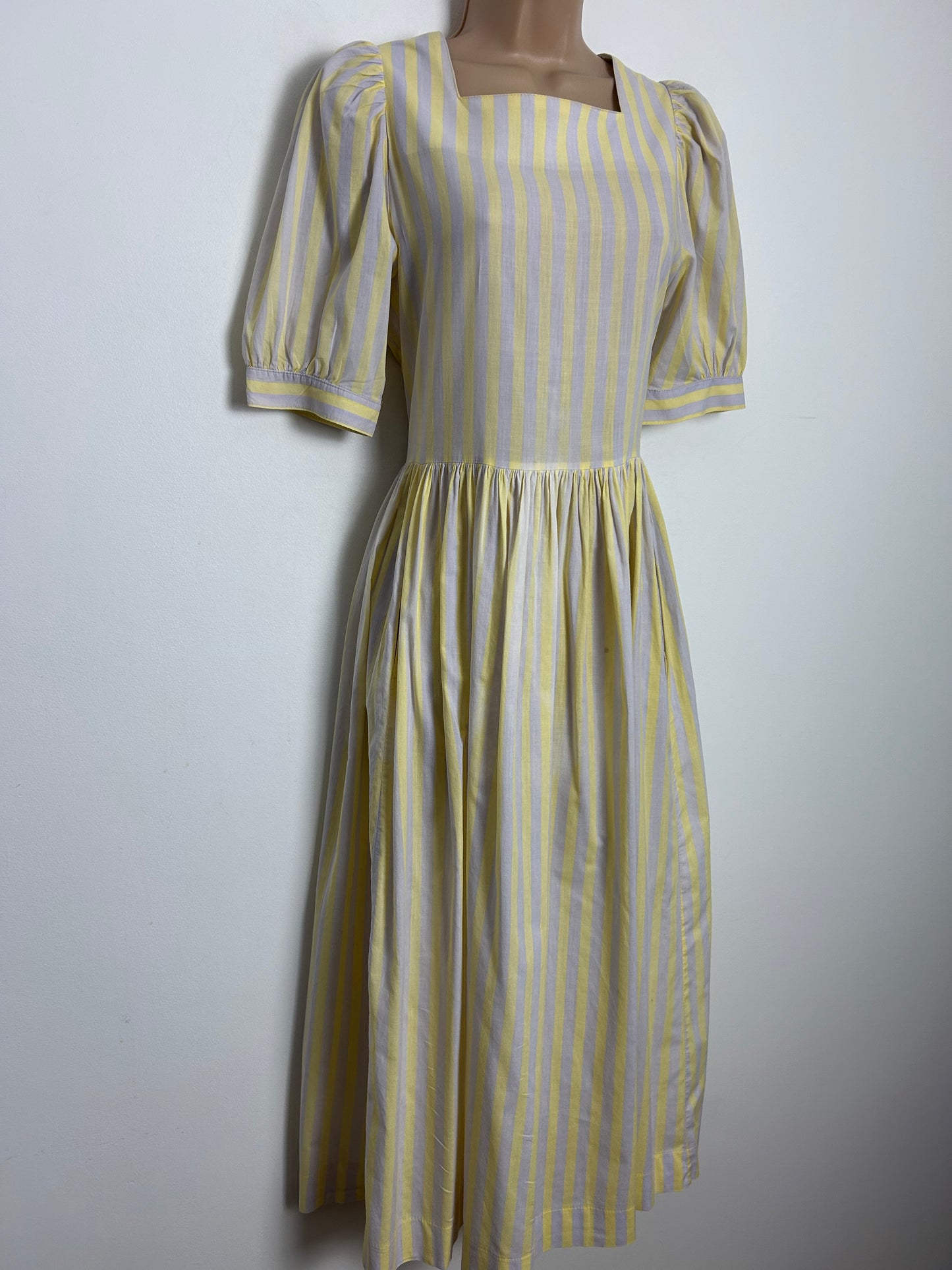Vintage 1980s LAURA ASHLEY Size 10 (Size 14 On Label) Pale Grey & Lemon Stripe Print Cotton Day Dress