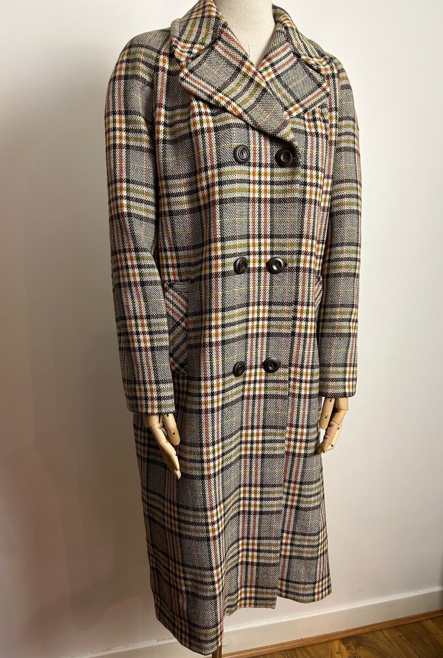 Vintage LAURE OF LEICESTER UK Size 14-16 Brown Cream & Rust Check Double Breasted Winter Coat