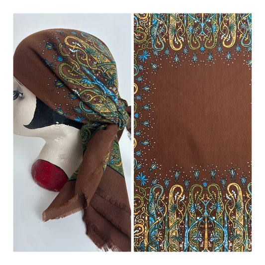 Vintage Brown Green & Sandy Beige Floral Print Cotton Mix Scarf 78cm x 78cm