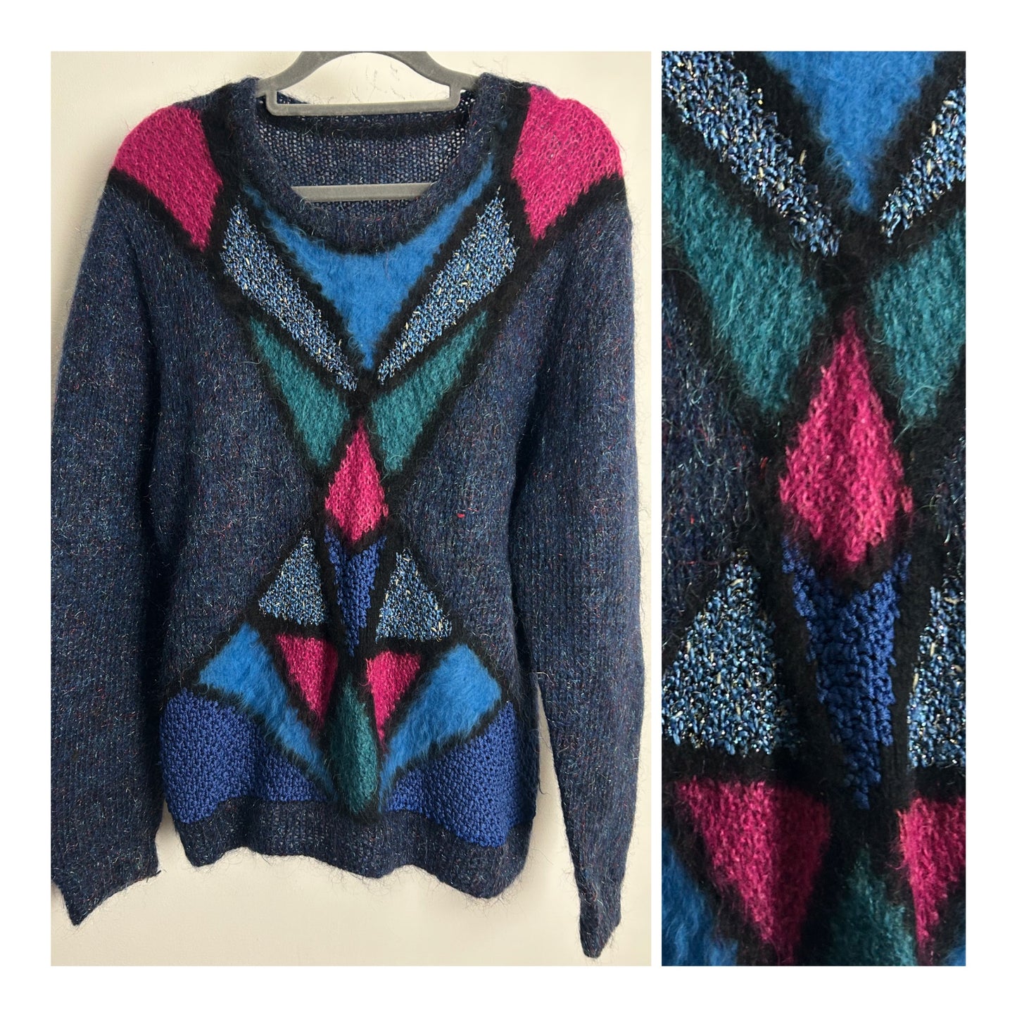 Vintage 1980s One Size Up To Size 16 Blue Pink & Teal Geo Pattern Jumper