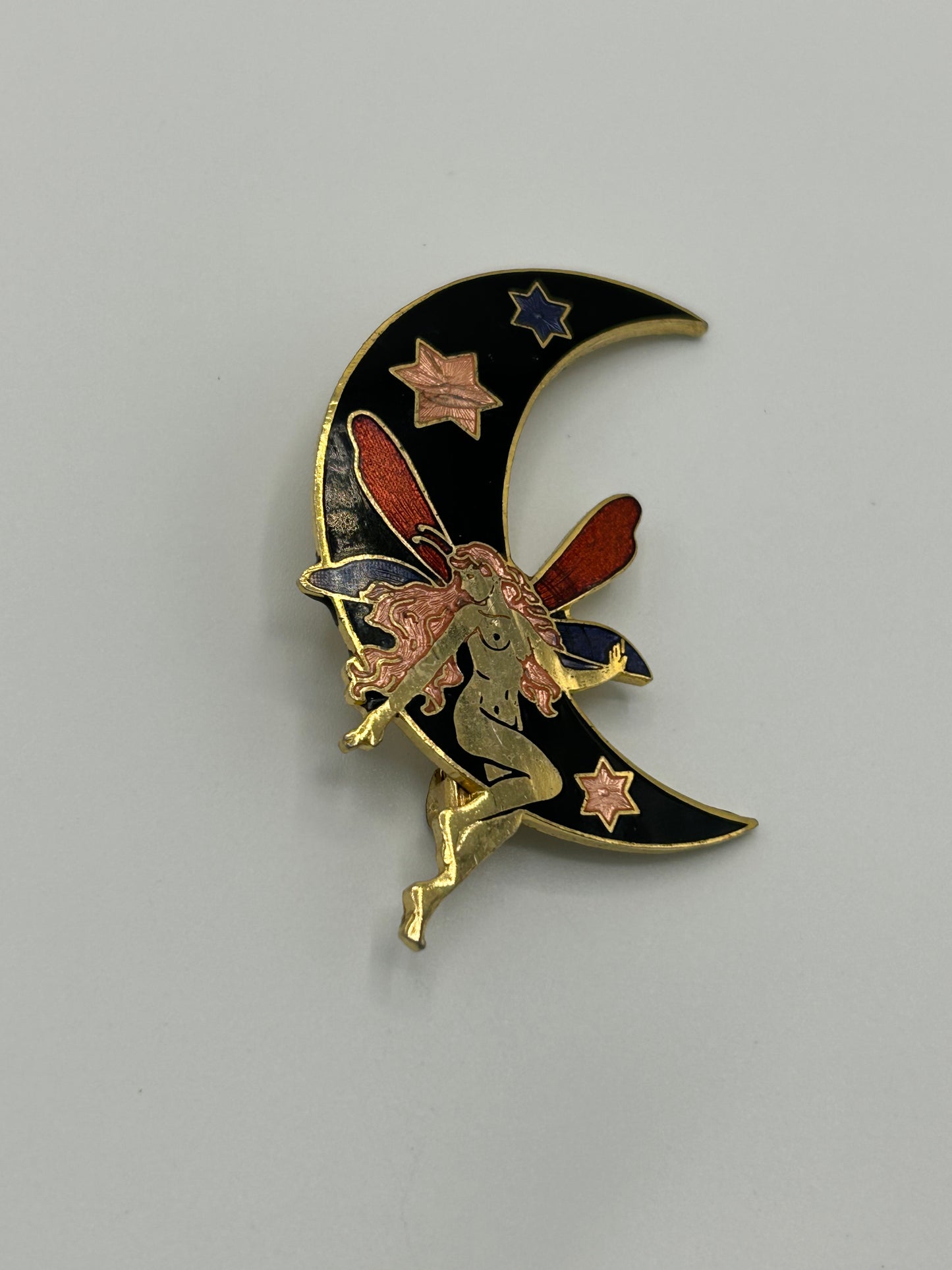 Vintage Gold Tone & Cloisonne Enamel Fairy On The Moon Pin Brooch