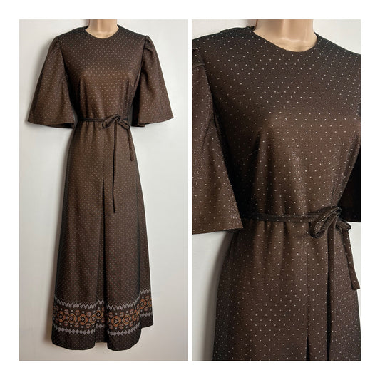 Vintage 1970s RICHARD BAKER UK Size 8 Brown & Silver & Polka Dot & Geo Pattern Lurex Maxi Dress