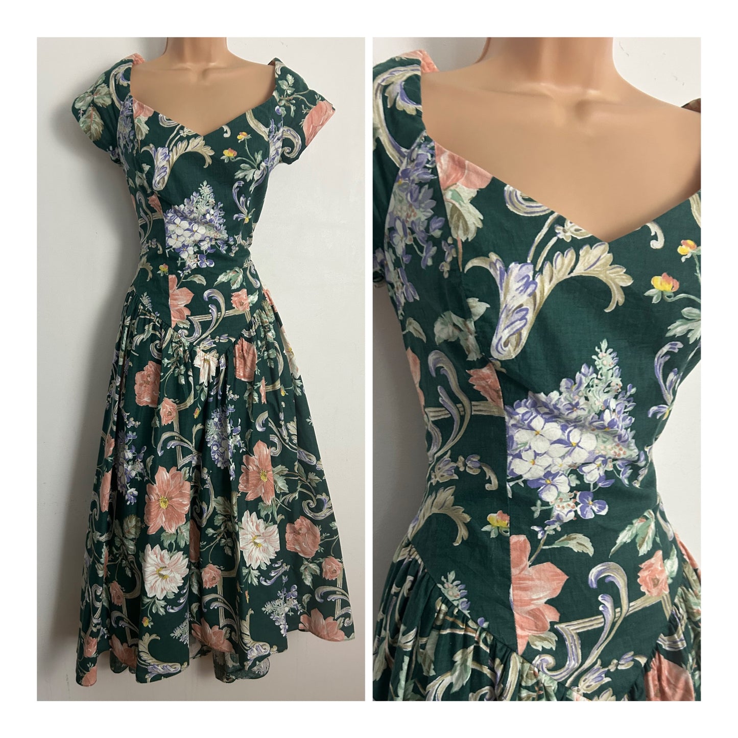 American Vintage 1980s LORALIE Size 8-10 Dark Green Coral & Violet Floral Print Cotton Dipped Hem Occasion Dress
