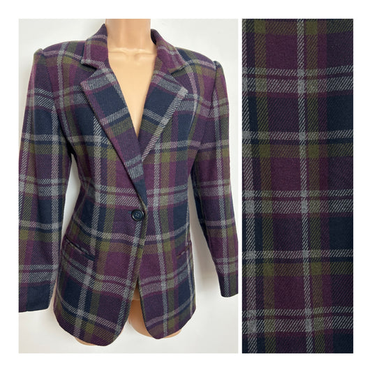 Vintage 1980s SAG HARBOR Size 10-12 Purple Black & Khaki Green Check Wool Mix Blazer