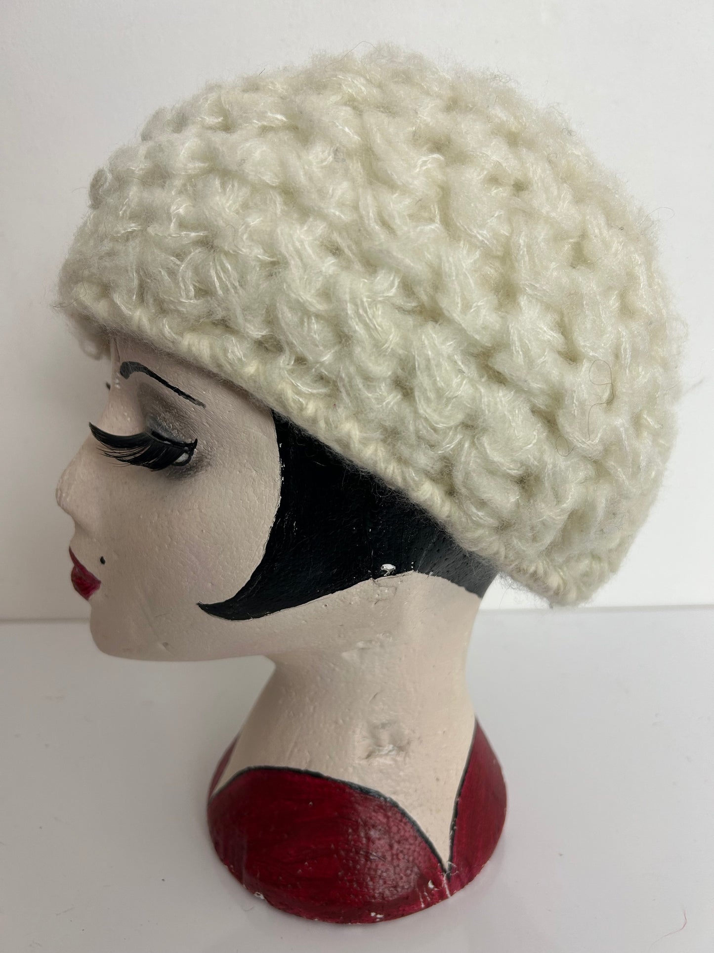 Vintage Winter White Angora & Wool Mix Reversible Beret/Beanie Style Hat