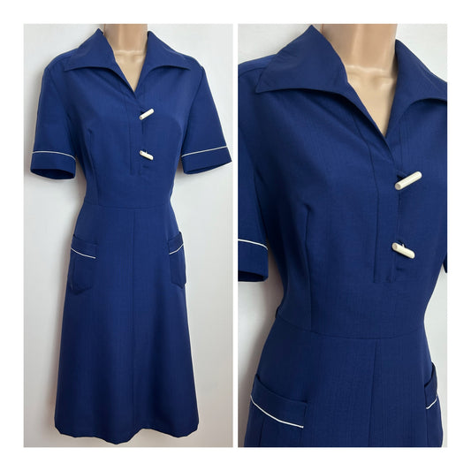 Vintage 1970s PIERRE CASTELLE Size 12 Navy Blue Silk Mix Short Sleeve Nautical Vibes Mod Day Dress
