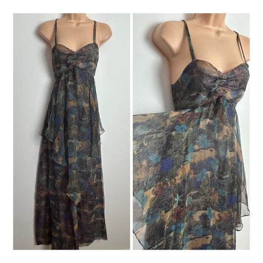 Vintage 1970s Size 8 Dark Grey Blue & Beige Photographic Floral & Trees Print Layered Cross Strap Maxi Dress